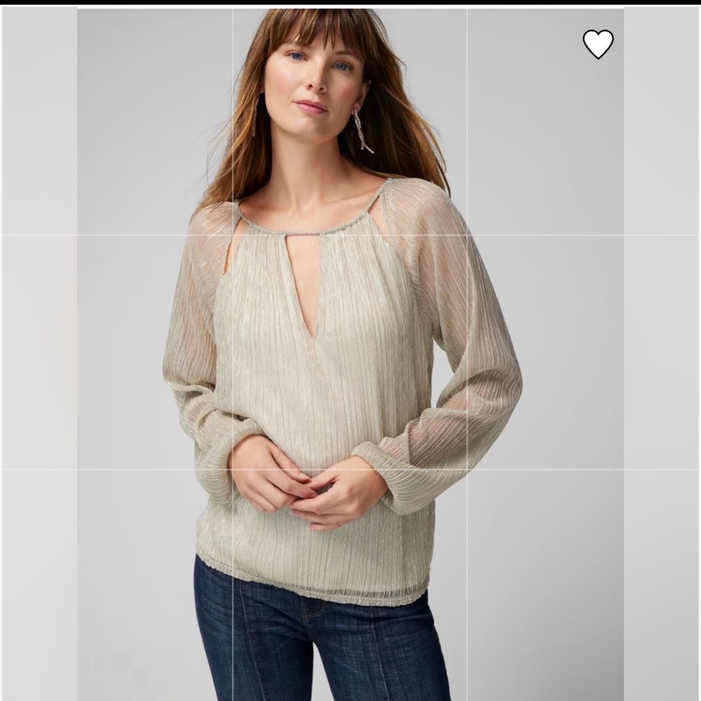 💛NWT White House Black Market Long Sleeve Silver/Gold Lurex On Ecru Crinkle Top